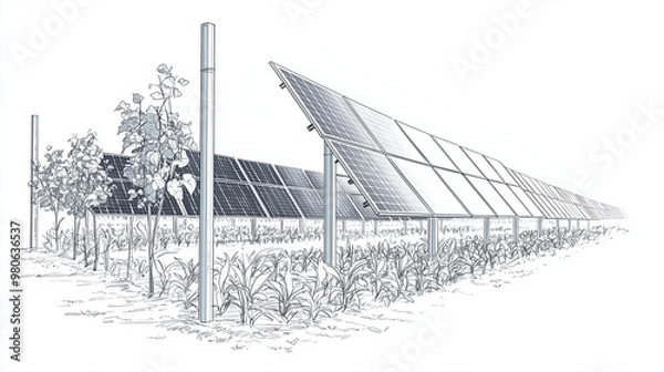 Fototapeta Modern Agri-PV Integration: Detailed Line Art of Vertical Solar Panels in East-West Layout with Interspersed Crops