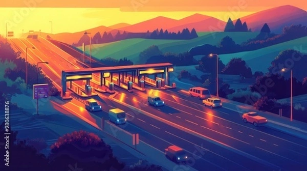 Obraz Sunset View of Highway Toll Booth with Scenic Landscape