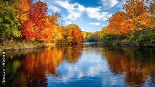 Fototapeta A wide, slow-moving river reflecting the vibrant colors of autumn trees lining both banks on a crisp day.