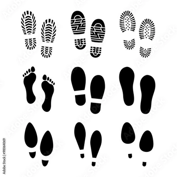 Fototapeta Set of footprints and shoes, vector