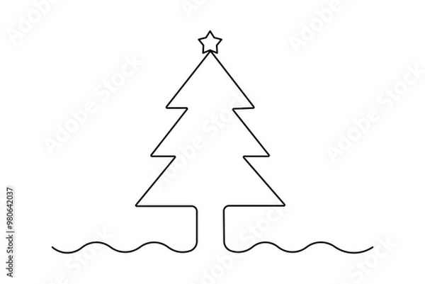 Fototapeta Christmas tree continuous one   line drawing with black white background