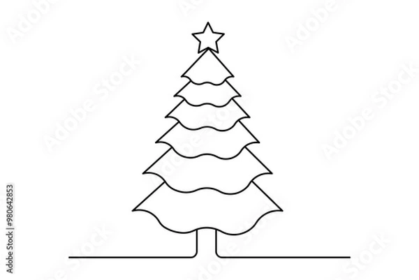 Fototapeta Christmas tree continuous one   line drawing with black white background