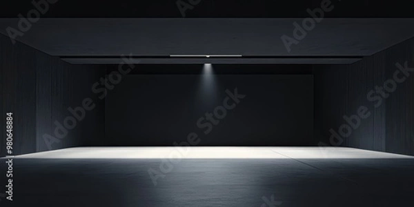 Fototapeta A minimalist dark room with a single light illuminating a section of the floor.