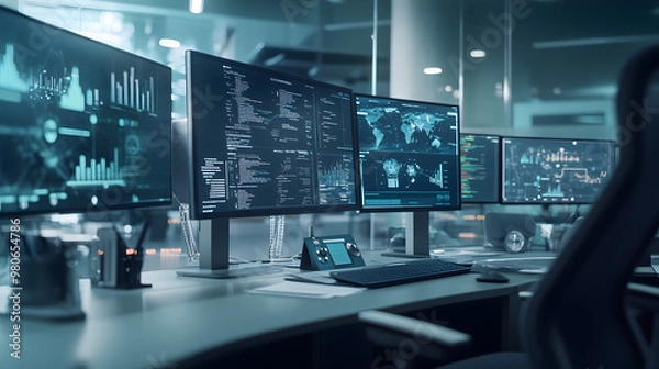 Fototapeta Cybersecurity Data Analysis Workstation with Multiple Monitors