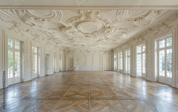 Fototapeta Opulent French interior with walls of off-white wainscoting and a ceiling adorned with swirling, frothy stucco designs.