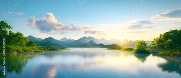 Fototapeta Breathtaking landscape featuring serene water, majestic mountains, and a vibrant sunrise illuminating the tranquil scene.