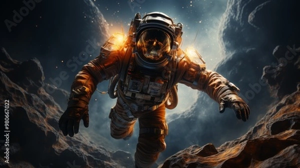 Fototapeta Astronaut floats in the vastness of outer space during a mission in zero gravity