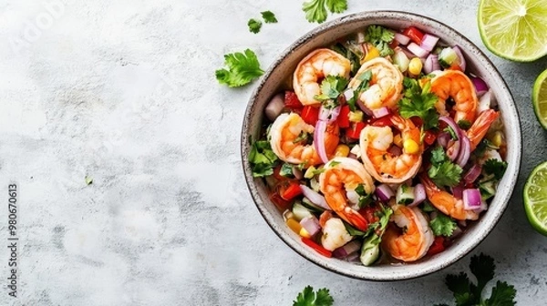 Fototapeta Refreshing Shrimp Ceviche with Fresh Vegetables and Lime – A Simple and Healthy Summer Recipe for Seafood Lovers
