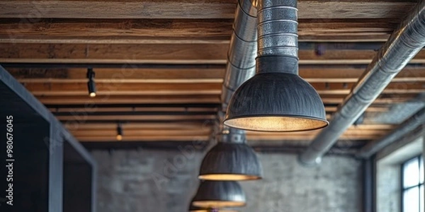 Obraz Industrial-style lighting fixtures hang from ceiling.
