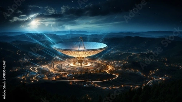 Fototapeta Satellite dish network reflecting starlight in a vast, illuminated landscape at night