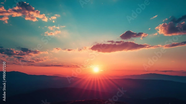 Fototapeta An image of a vibrant sunset over a serene lake, with colorful reflections shimmering