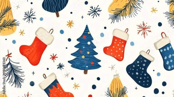 Fototapeta holiday doodle patterns, festive doodle artwork featuring christmas trees, stockings, and snowflakes perfect for greeting cards or wrapping paper