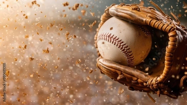 Fototapeta Golden baseball glove catching a ball, with a victorious pitcher in the background, and a full stadium cheering