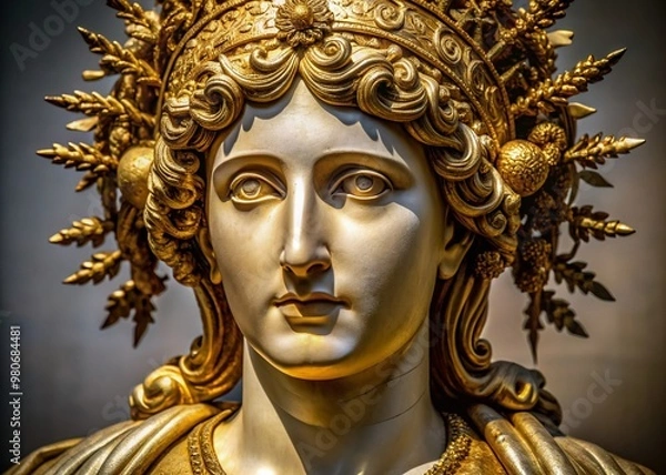 Obraz Intricately crafted antique statue in close-up, adorned with gold paint on its serene face, exudes grandeur, elegance, and artistic sophistication, reminiscent of ancient Greek or Roman monuments.