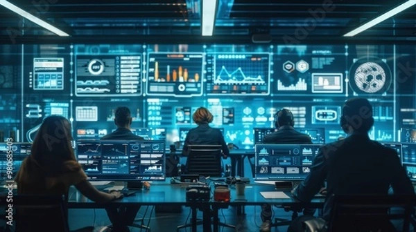 Fototapeta Professionals analyzing real-time data in a high-tech control room