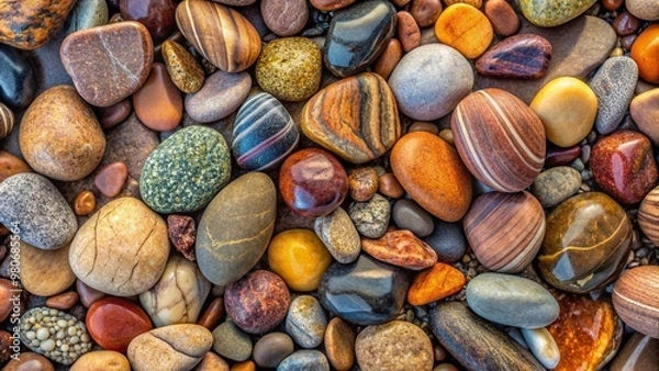Fototapeta Close-up of assorted flat smooth river pebble stones and rocks with varied earth tones and textures, forming a colorful natural mosaic pattern background.