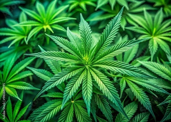 Fototapeta Vibrant green marijuana leaves fill the frame, subtly blurring in the background, creating a soothing and natural texture with a calming cannabis-inspired atmosphere.