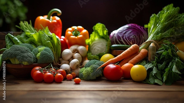 Obraz A vibrant assortment of fresh vegetables, including tomatoes, carrots, bell peppers, broccoli, and leafy greens, arranged on a wooden table.
