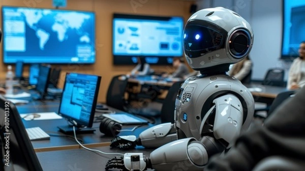 Fototapeta Futuristic Robotics Conference Room with Experts Presenting Ideas and Prototypes