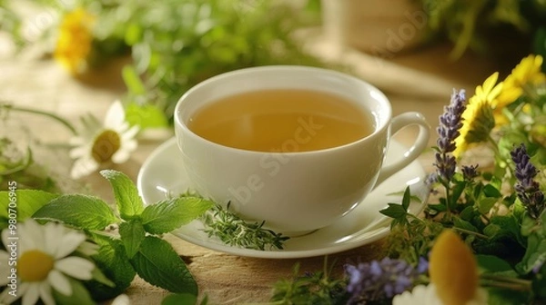 Fototapeta Herbal tea cup with various fresh herbs placed around it, offering a healthy and calming tea-drinking experience.