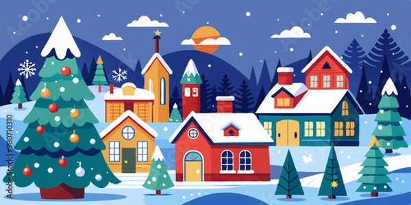 Fototapeta A festive winter village scene with snow-covered houses, decorated Christmas trees, and a charming church. Perfect for creating a cozy and heartwarming atmosphere in your designs.