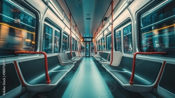 Fototapeta Interior view of a modern subway train, showcasing empty seats and illuminated surroundings.