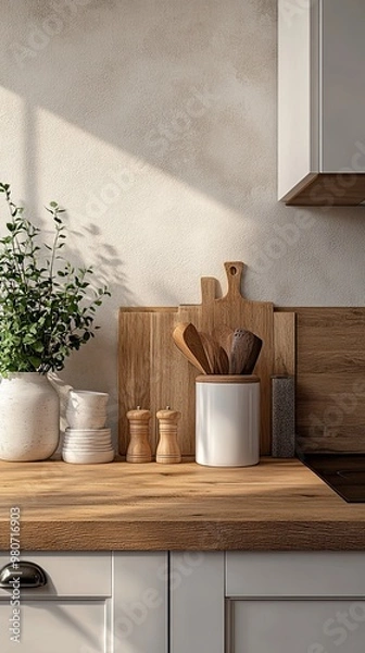 Fototapeta 3D render close up blank empty space on beautiful wooden kitchen