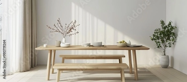 Fototapeta Elegant dining set with Scandinavian design featuring light wood table and bench creating a welcoming ambiance with clean lines and functional style perfect for a copy space image