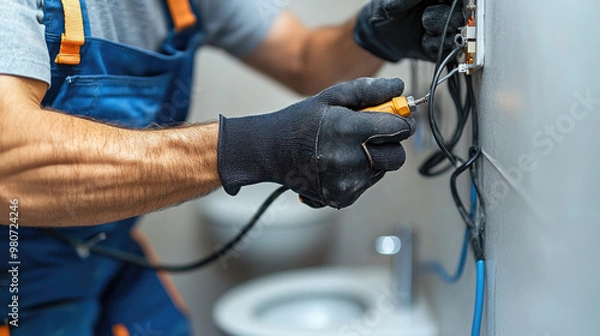 Fototapeta A man in a blue uniform is fixing a light switch. He is wearing black gloves and has a yellow tool in his hand