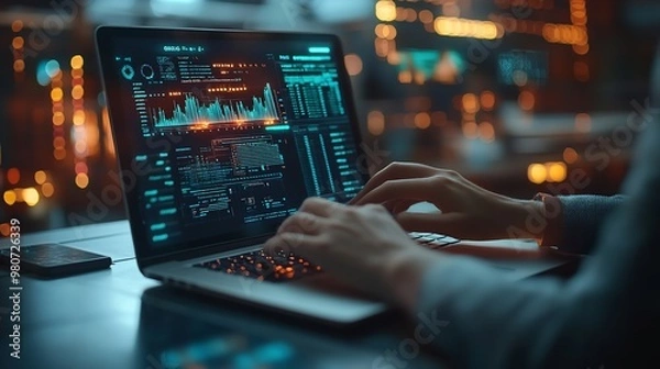 Fototapeta Businessman with laptop, automation icons on virtual screen, workflow optimization, automated business process, cutting-edge technology, productivity boost, sleek corporate ..