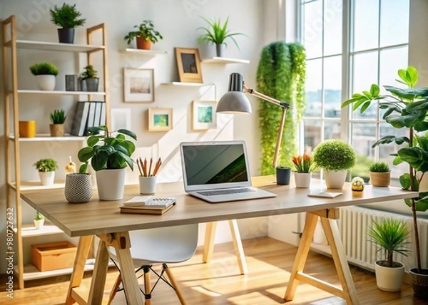 Fototapeta A bright and airy workspace with a decorated desk, laptop, and personal mementos, conveying creativity, individuality,