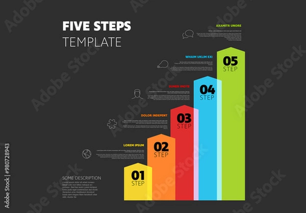 Fototapeta Color vertical five arrows steps infographic template with icons and descriptions on black background