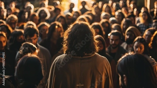 Fototapeta Christian worshippers gathered around Jesus, listening intently to his teachings