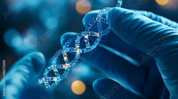Fototapeta A person is holding a strand of DNA in their gloved hand. The DNA is blue and has a pattern of dots. Concept of scientific discovery and exploration