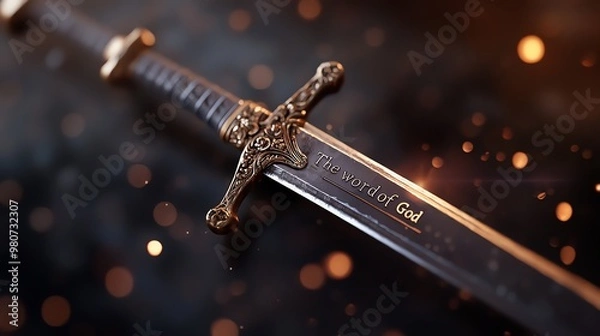 Obraz Close-up of a medieval sword with intricate details on the hilt and a glowing inscription, surrounded by glowing embers.
