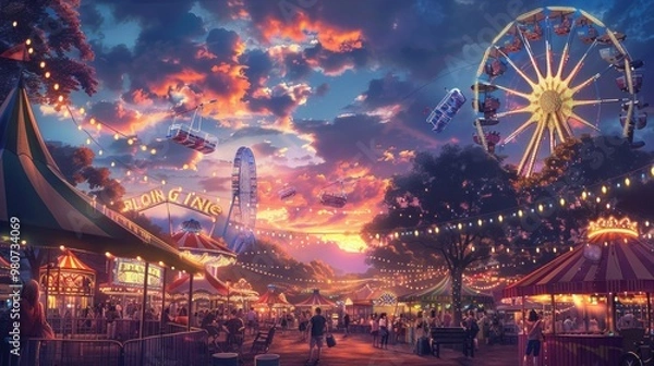 Fototapeta Image of bustling fair at dusk with Ferris Wheel, swinging chairs, and colorful lights. People enjoy activities under romantic sky.