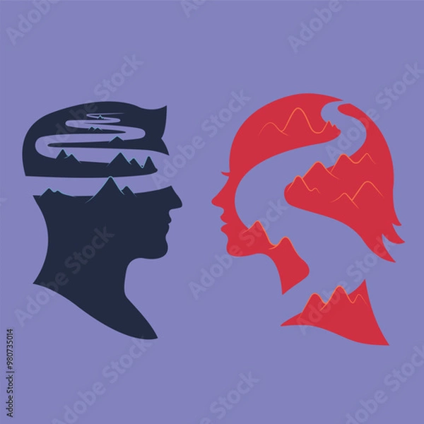 Fototapeta Psychological Odyssey: A Visual Exploration of the Winding Paths Through Steep Mountains and Valleys, Depicting the Complex Inner Worlds of a Man and Woman in the Context of Psychoanalysis and Mental 