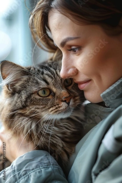 Fototapeta Close-up of a woman affectionately holding her fluffy tabby cat, highlighting a loving bond between pet and owner in a peaceful moment.

