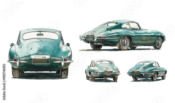 Fototapeta Watercolor painting Retro car Jaguar E-Type. Isolated white background. Various views, vector illustration
