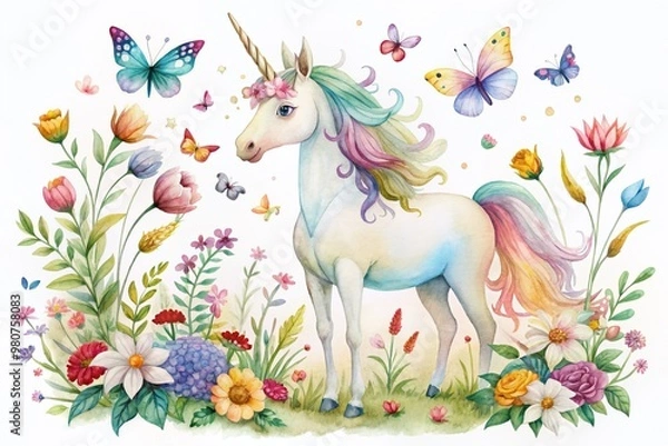 Fototapeta Whimsical watercolor illustration of a sweet unicorn surrounded by colorful flowers and delicate butterflies, set against a clean white background, exuding innocence and magic.