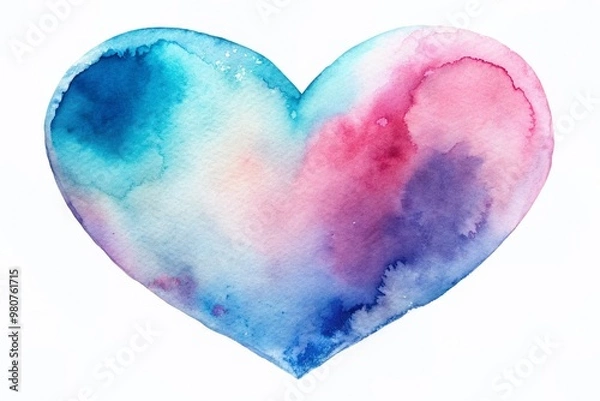 Fototapeta Vibrant heart-shaped watercolor art splashes across a clean white backdrop, featuring soft pink and blue hues blending harmoniously with subtle texture and gentle curves.