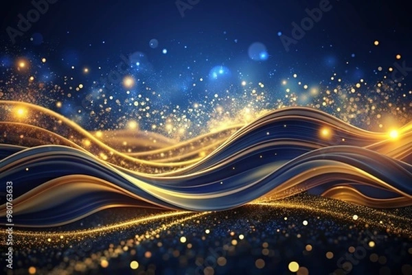 Fototapeta Dark blue abstract waves undulate across the screen, illuminated by vibrant gold splashes, creating a mesmerizing and luxurious desktop background perfect for modern devices.