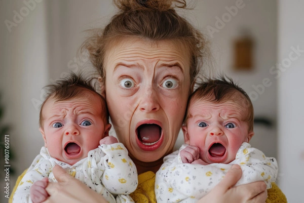 Obraz An image of a mother holding two babies, all displaying shocked and surprised expressions. The babies are dressed in matching white outfits with yellow patterns.