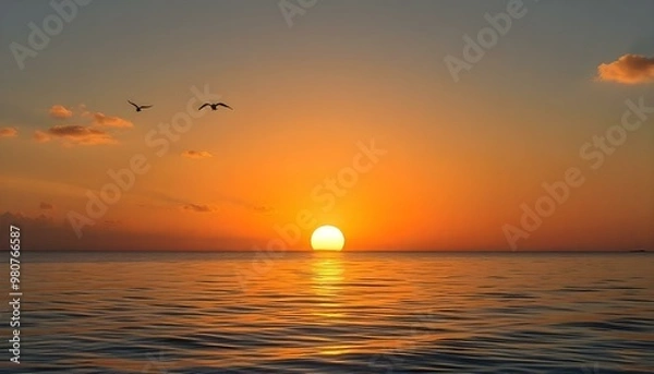 Fototapeta Dramatic sunset over the ocean with a large sun setting on the horizon,