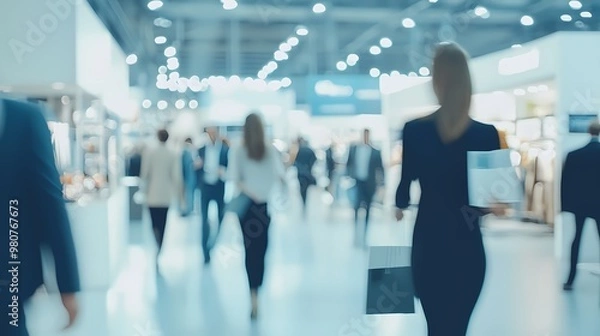 Fototapeta Blurred photo of an international business exhibition, with elegantly dressed people walking around and holding brochures or looking at display tables.