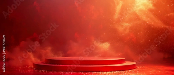 Obraz Red shimmering podium, stage, pedestal with golden shimmer, dramatic lightning, steam effect, spotlight. Luxury display for product presentation. Red mockup for celebrating. Generative ai