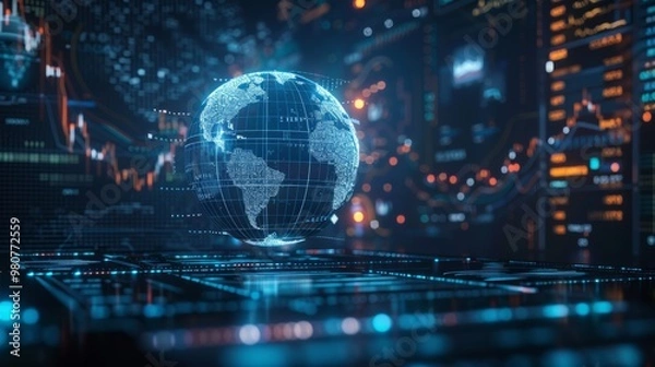 Fototapeta A digital representation of the Earth surrounded by data visuals and graphs in a futuristic financial setting at night