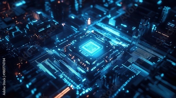 Fototapeta Modern Blue Circuitry with Central Processing Unit