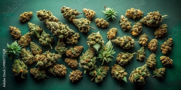 Fototapeta Overhead flat lay of dried cannabis marijuana buds on a matte dark green background, generative ai
