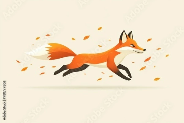 Obraz Whimsical illustration of a running fox in autumn leaves